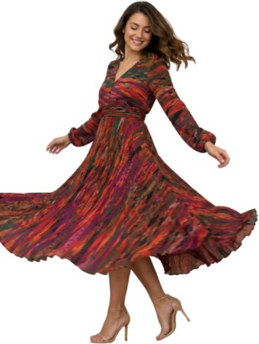Nanette Lepore Multicolor V-Neck Pleated Smocked Red Purple Orange Maxi Dress 10
